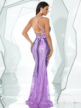 Formal Lace Up Purple Sequin Mermaid Dress